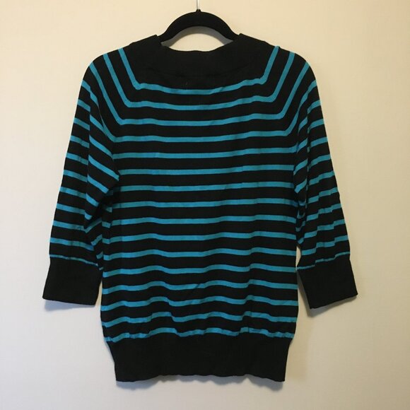 Retro Striped Turquoise and Black Crewneck Sweater - Picture 2 of 15